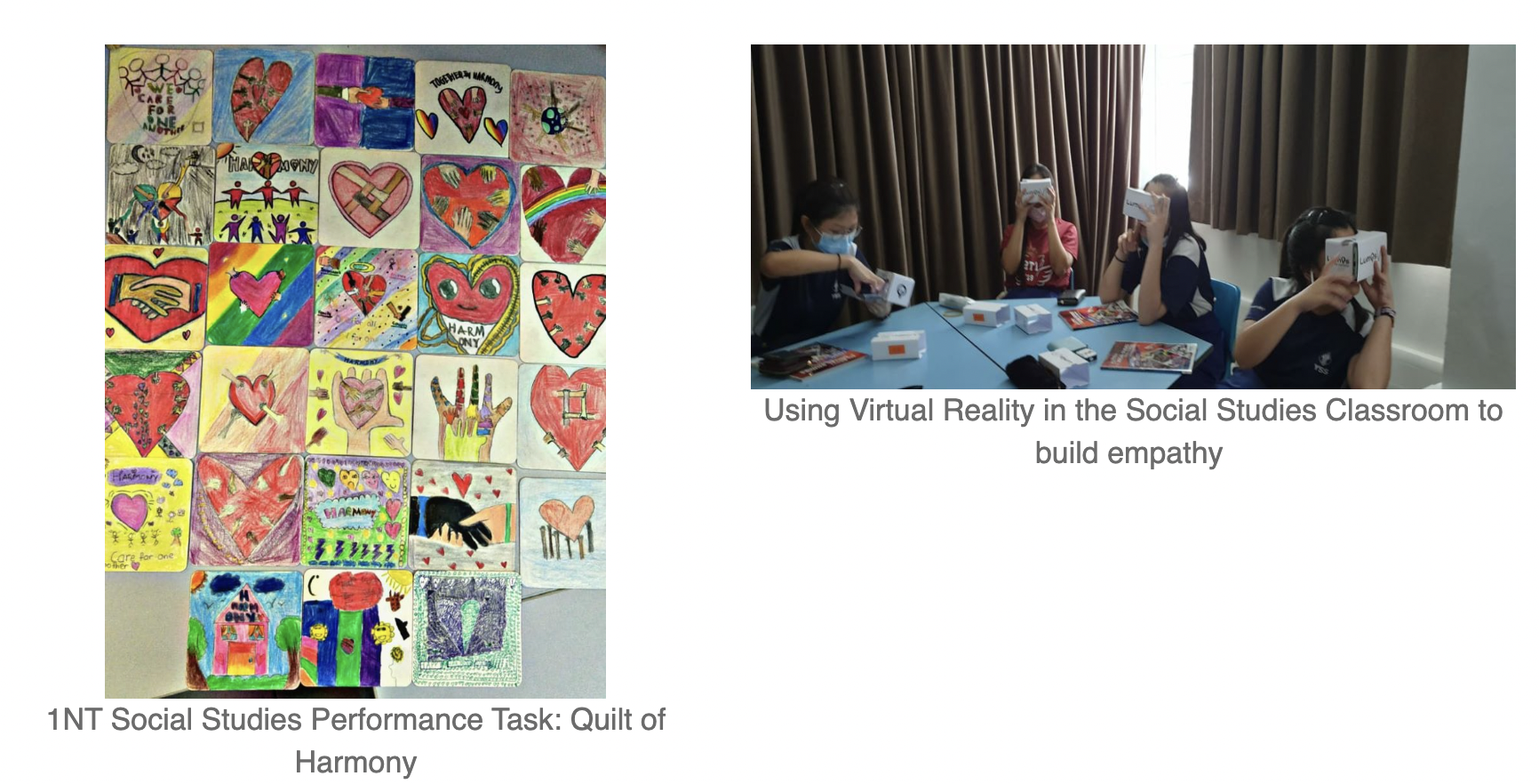 A colorful student art quilt with heart drawings, beside students using cardboard VR headsets at a table.